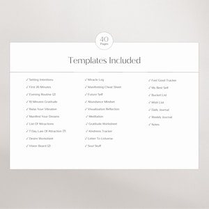 Pu&ograve; includere: Una pagina bianca con il testo "Templates Included" e un elenco di modelli, tra cui "Setting Intentions", "Miracle Log" e "Feel Good Tracker". La pagina ha un'intestazione che dice "40 Pages".