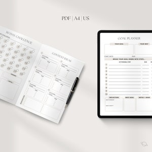 May include: A printable goal planner with a 30-day challenge tracker, content ideas section, and a goal planning section with a reflection area. The planner is designed for use with a tablet or notebook.