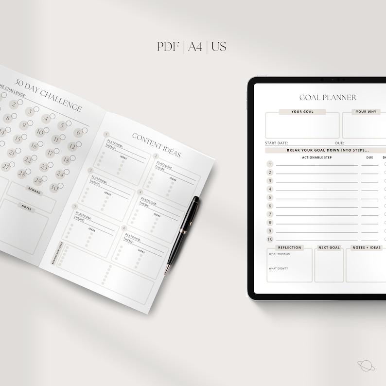 May include: A printable goal planner with a 30-day challenge tracker, content ideas section, and a goal planning section with a reflection area. The planner is designed for use with a tablet or notebook.