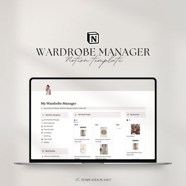 Notion Template Wardrobe Manager, Notion Outfit Planner, Notion Template Outfit Planning, Aesthetic Notion, Notion Planner, Notion Dashboard