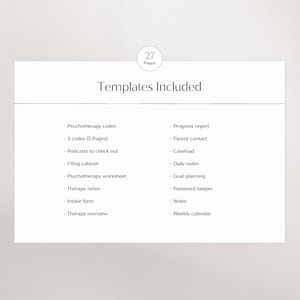 Puede incluir: Una lista de 27 plantillas incluidas en un planificador imprimible para terapeutas. Las plantillas incluyen c&oacute;digos de psicoterapia, informes de progreso, contacto con los padres, carga de trabajo, notas diarias, planificaci&oacute;n de objetivos, administrador de contrase&ntilde;as, notas, formularios de admisi&oacute;n y descripci&oacute;n general de la terapia.
