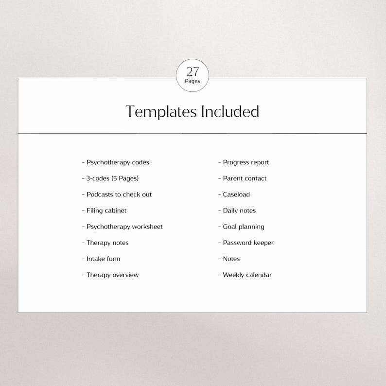 Puede incluir: Una lista de 27 plantillas incluidas en un planificador imprimible para terapeutas. Las plantillas incluyen c&oacute;digos de psicoterapia, informes de progreso, contacto con los padres, carga de trabajo, notas diarias, planificaci&oacute;n de objetivos, administrador de contrase&ntilde;as, notas, formularios de admisi&oacute;n y descripci&oacute;n general de la terapia.