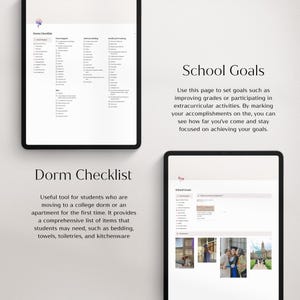 Op de afbeelding: Twee digitale tablets met checklists en sjablonen voor schooldoelen. E&eacute;n tablet toont een checklist voor de slaapzaal. De andere toont een sjabloon voor schooldoelen met afbeeldingen. Tekst op de afbeelding is "Dorm Checklist" en "School Goals".