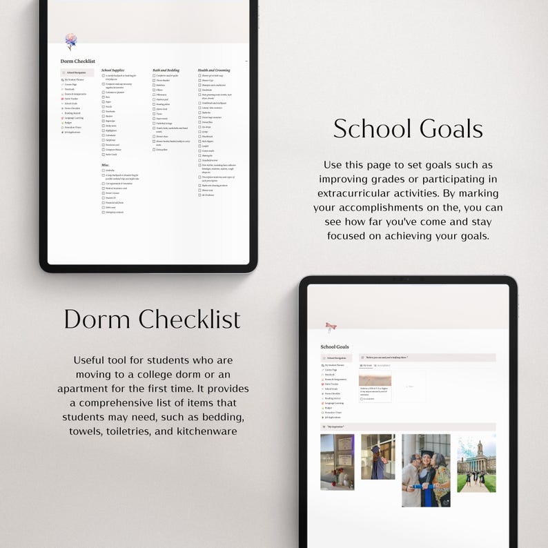 Op de afbeelding: Twee digitale tablets met checklists en sjablonen voor schooldoelen. E&eacute;n tablet toont een checklist voor de slaapzaal. De andere toont een sjabloon voor schooldoelen met afbeeldingen. Tekst op de afbeelding is "Dorm Checklist" en "School Goals".