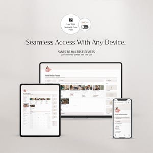 May include: A screenshot showing a social media planner app on a laptop, tablet, and smartphone. The app is designed to help users schedule and manage their social media content. The app is available on multiple devices, allowing users to access their plans from anywhere.