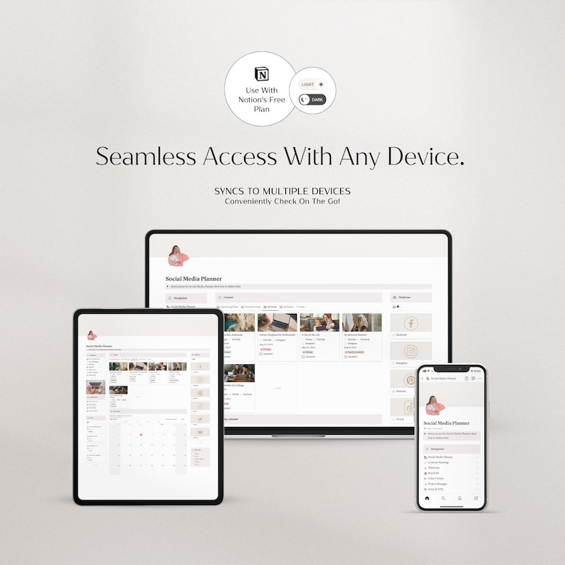 May include: A screenshot showing a social media planner app on a laptop, tablet, and smartphone. The app is designed to help users schedule and manage their social media content. The app is available on multiple devices, allowing users to access their plans from anywhere.