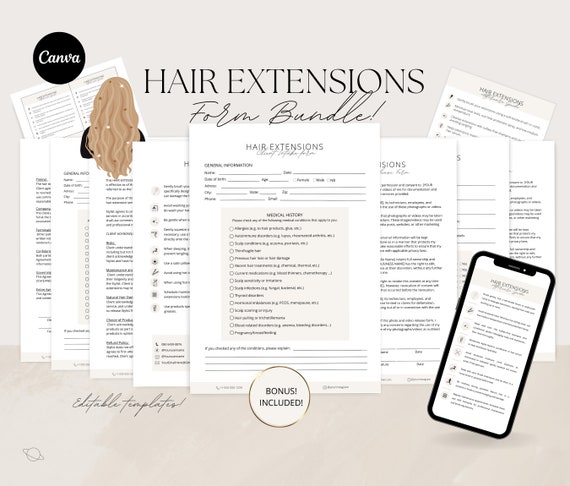 Editable Hair Extensions Contract,Hair Extensions Consultation Form,Hair Extensions After Care Card,Hair Extension Agreement,CANVA TEMPLATE