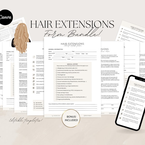 Contrat d’extensions de cheveux modifiables, formulaire de consultation sur les extensions de cheveux, carte d’entretien après extensions de cheveux, accord d’extension de cheveux, MODÈLE CANVA