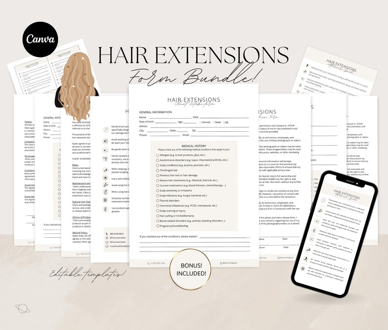Op de afbeelding: Een set printbare formulieren voor haarextensies, met de titel "Hair Extensions Form Bundle!" De formulieren bevatten secties voor algemene informatie, medische geschiedenis en toestemming van de klant. De formulieren zijn bewerkbaar en bevatten een bonus.