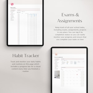 Op de afbeelding: Twee zwarte tablets met digitale gewoontetrackers en examenopdrachtenplanners. De bovenste tablet toont een gewoontetracker met een roze bloemenaccent. De onderste tablet toont een kalenderweergave voor opdrachten. Tekst op de afbeelding luidt "Habit Tracker" en "Exams & Assignments."