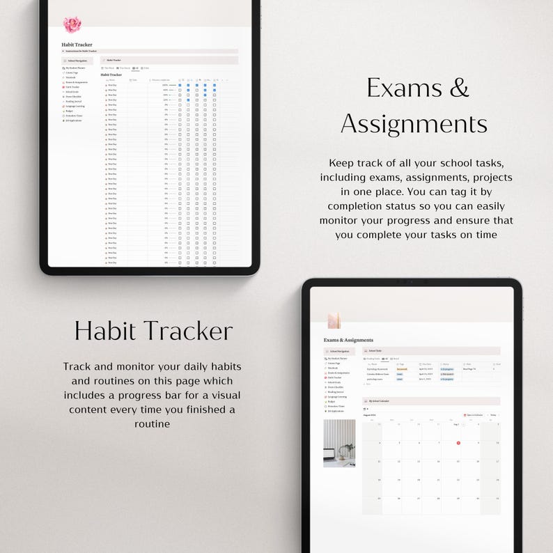 Op de afbeelding: Twee zwarte tablets met digitale gewoontetrackers en examenopdrachtenplanners. De bovenste tablet toont een gewoontetracker met een roze bloemenaccent. De onderste tablet toont een kalenderweergave voor opdrachten. Tekst op de afbeelding luidt "Habit Tracker" en "Exams & Assignments."
