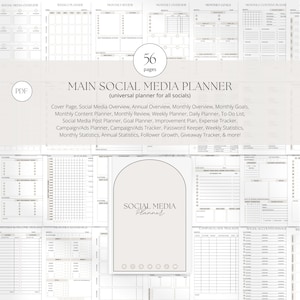 May include: A black and white printable social media planner with 56 pages. The planner includes sections for social media overview, annual overview, monthly overview, monthly goals, monthly content planner, monthly review, weekly planner, daily planner, to-do list, social media post planner, goal planner, improvement plan, expense tracker, campaign/ads planner, campaign/ads tracker, password keeper, weekly statistics, monthly statistics, annual statistics, follower growth, giveaway tracker, and more.