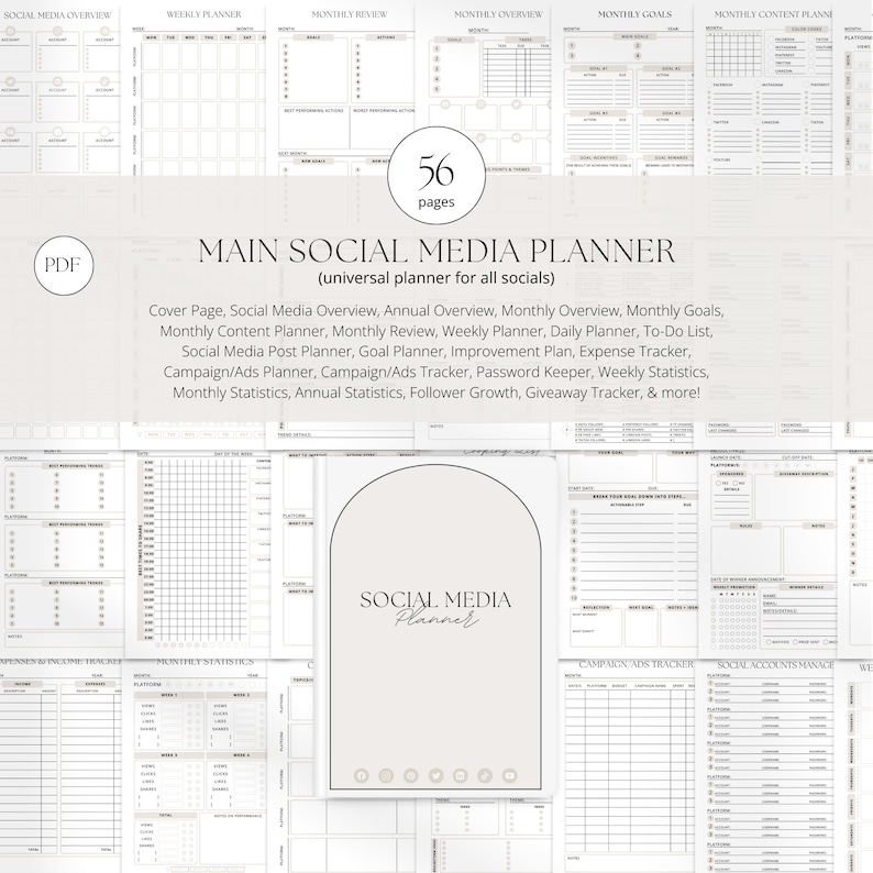 May include: A black and white printable social media planner with 56 pages. The planner includes sections for social media overview, annual overview, monthly overview, monthly goals, monthly content planner, monthly review, weekly planner, daily planner, to-do list, social media post planner, goal planner, improvement plan, expense tracker, campaign/ads planner, campaign/ads tracker, password keeper, weekly statistics, monthly statistics, annual statistics, follower growth, giveaway tracker, and more.