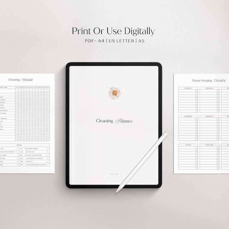 Puede incluir: Un planificador de limpieza digital con un dise&ntilde;o floral en la portada. El planificador incluye un horario de limpieza, una lista de verificaci&oacute;n de tareas dom&eacute;sticas y una p&aacute;gina de planificaci&oacute;n de la limpieza. El planificador est&aacute; disponible en formato PDF y se puede imprimir o usar digitalmente. El texto en la portada dice "Cleaning Planner".