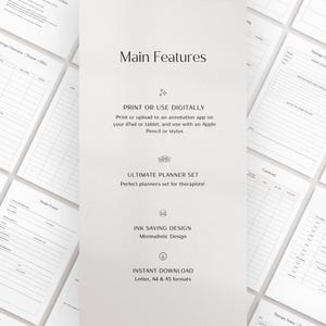 Puede incluir: Un conjunto de planificadores imprimibles para terapeutas. El conjunto de planificadores presenta un dise&ntilde;o minimalista y est&aacute; disponible en los formatos carta, A4 y A5. El texto "Imprime o usa digitalmente" y "Conjunto de planificadores definitivo" es visible en la imagen.