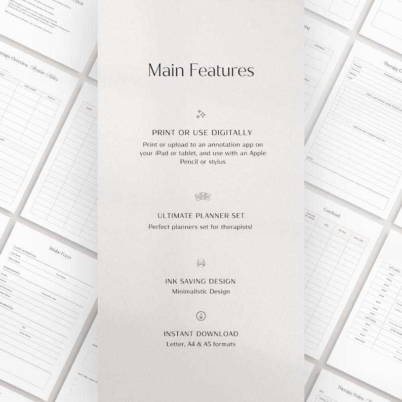 Puede incluir: Un conjunto de planificadores imprimibles para terapeutas. El conjunto de planificadores presenta un dise&ntilde;o minimalista y est&aacute; disponible en los formatos carta, A4 y A5. El texto "Imprime o usa digitalmente" y "Conjunto de planificadores definitivo" es visible en la imagen.