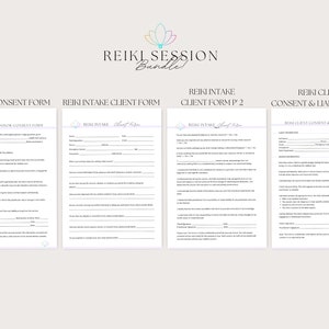 Peut inclure: Quatre formulaires imprimables pour les s&eacute;ances de Reiki, comprenant un formulaire de consentement mineur, un formulaire d'admission du client Reiki, un formulaire d'admission du client Reiki partie 2 et un formulaire de consentement et de responsabilit&eacute; du client Reiki. Les formulaires sont con&ccedil;us avec un fond violet clair et un motif floral.