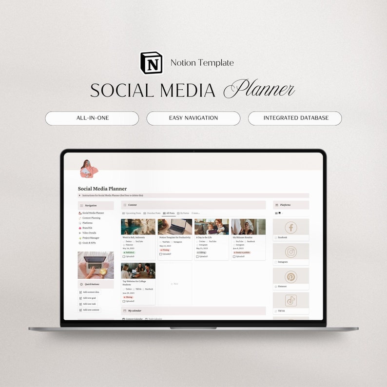 May include: A laptop computer screen displaying a social media planner template using the Notion app. The template is designed to help users plan and schedule their social media content. The screen shows a calendar view with different posts scheduled for various social media platforms, including Facebook, Instagram, Pinterest, and TikTok.