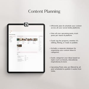 May include: A screenshot of a computer screen showing a content planning tool. The tool has a light gray background and a white menu bar at the top. The menu bar has the word "Content Planning" in black text. The tool has a list of features on the right side of the screen, including "Efficiently plan & schedule your content across all your social media platforms." and "View all your upcoming posts, track posts per status & platform."