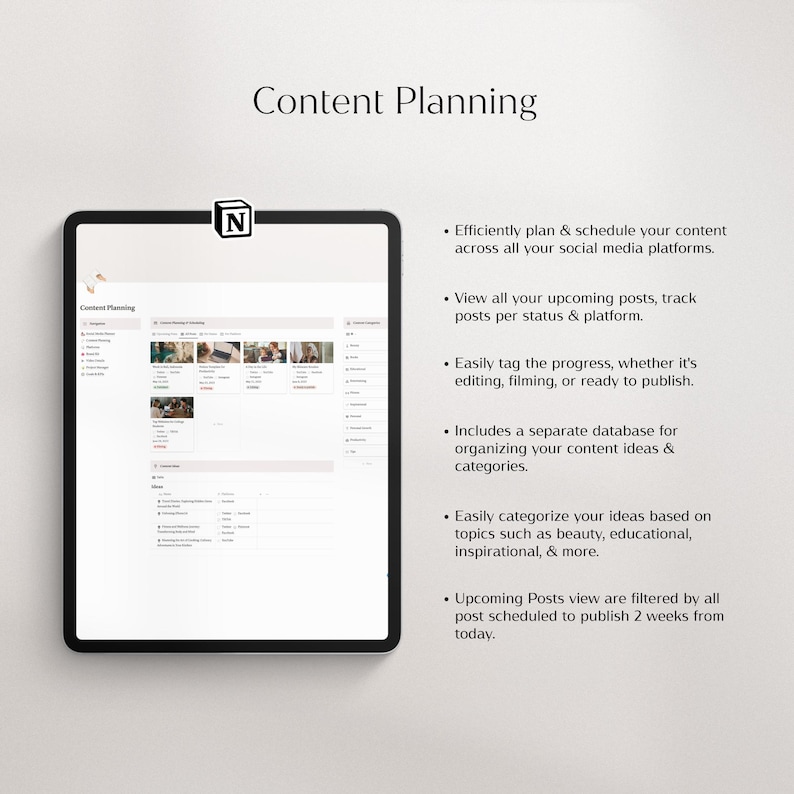 May include: A screenshot of a computer screen showing a content planning tool. The tool has a light gray background and a white menu bar at the top. The menu bar has the word "Content Planning" in black text. The tool has a list of features on the right side of the screen, including "Efficiently plan & schedule your content across all your social media platforms." and "View all your upcoming posts, track posts per status & platform."