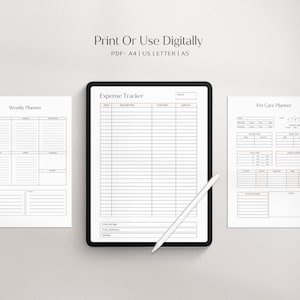 May include: Three printable planner pages: a weekly planner, an expense tracker, and a pet care planner. The pages are designed for digital use on a tablet or computer.