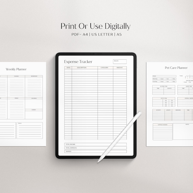 May include: Three printable planner pages: a weekly planner, an expense tracker, and a pet care planner. The pages are designed for digital use on a tablet or computer.
