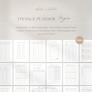 May include: A printable finance planner with pages for tracking savings, debt payments, and annual finances. The pages are designed with a minimalist aesthetic and feature a gold thermometer, jar, and other icons.