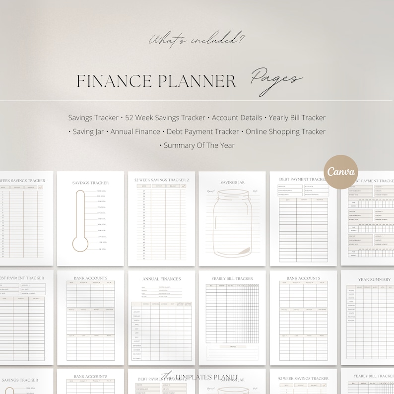 May include: A printable finance planner with pages for tracking savings, debt payments, and annual finances. The pages are designed with a minimalist aesthetic and feature a gold thermometer, jar, and other icons.