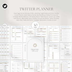 May include: A printable Twitter planner with 30 pages. The planner includes sections for target audience, profile branding, monthly content planning, tweet ideas, monthly metrics, weekly promoted ads, and more.