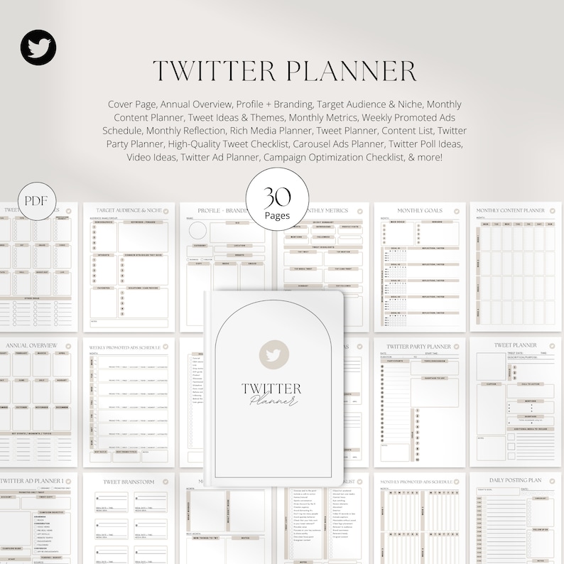 May include: A printable Twitter planner with 30 pages. The planner includes sections for target audience, profile branding, monthly content planning, tweet ideas, monthly metrics, weekly promoted ads, and more.