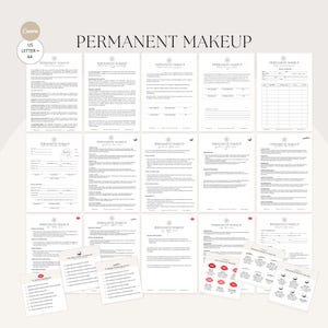 May include: A collection of white printed documents labeled "PERMANENT MAKEUP". The documents include forms, checklists, and informational sheets. The image also includes the text "Canva", "US LETTER + A4".