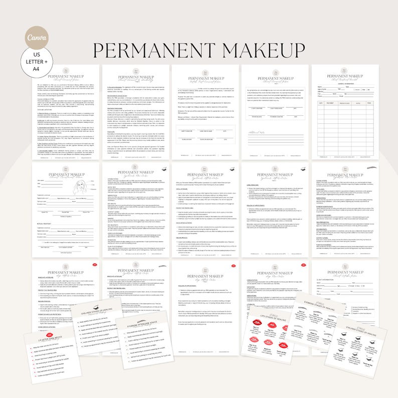 May include: A collection of white printed documents labeled "PERMANENT MAKEUP". The documents include forms, checklists, and informational sheets. The image also includes the text "Canva", "US LETTER + A4".