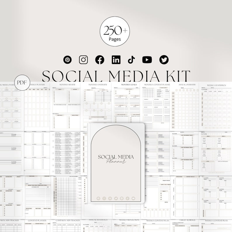 May include: A black and white printable social media planner kit with over 250 pages. The kit includes pages for monthly reviews, content planning, weekly statistics, and more. The cover features the text "SOCIAL MEDIA Planner".