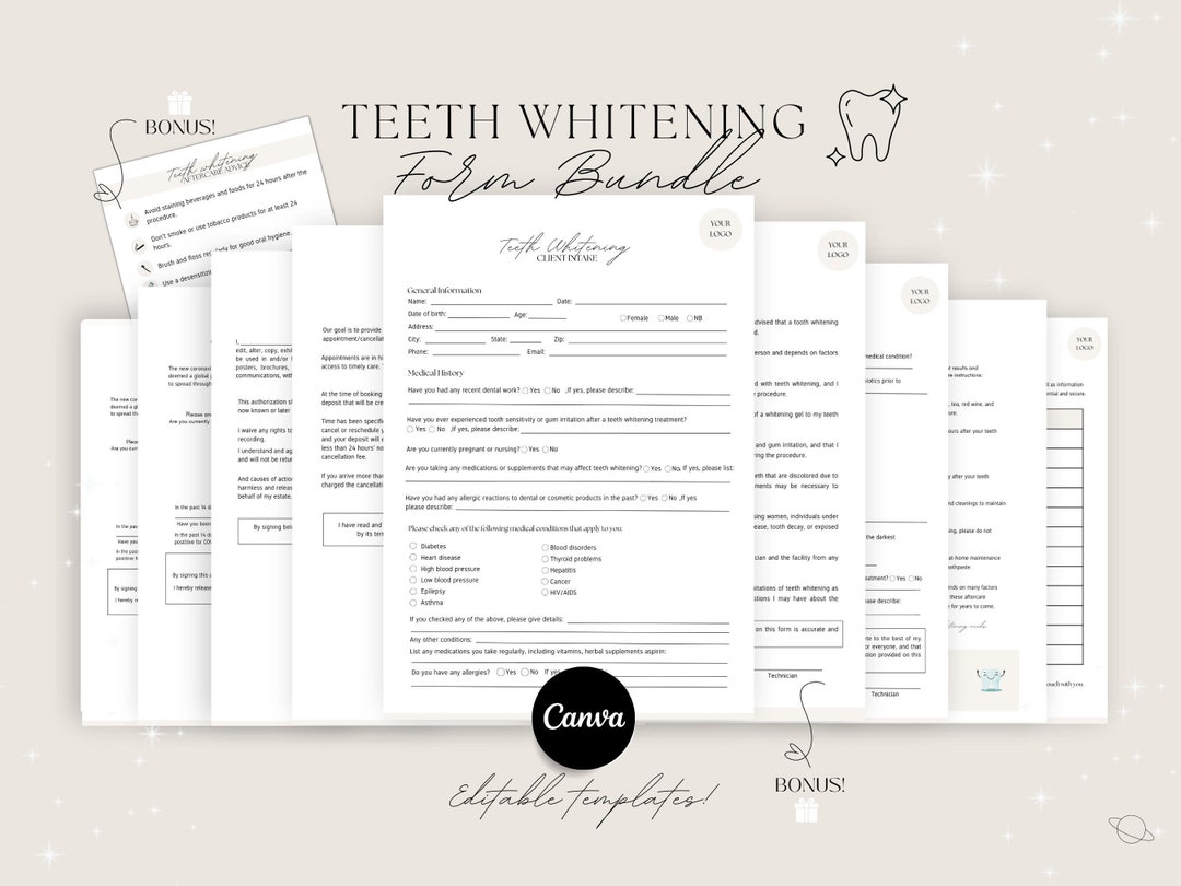 Teeth Whitening Forms Bundle Editable Templates , Esthetician Forms