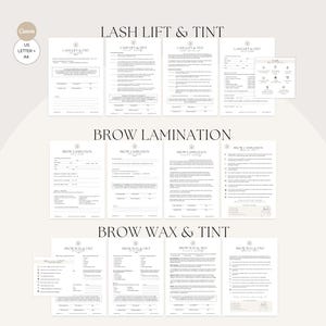 May include: A collection of printable forms for beauty services, including Lash Lift & Tint, Brow Lamination, and Brow Wax & Tint. The forms are in a minimalist design with a neutral color palette, and the text "Canva" is visible.