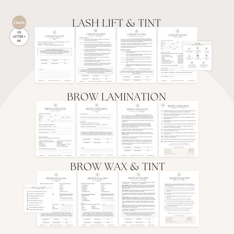 May include: A collection of printable forms for beauty services, including Lash Lift & Tint, Brow Lamination, and Brow Wax & Tint. The forms are in a minimalist design with a neutral color palette, and the text "Canva" is visible.