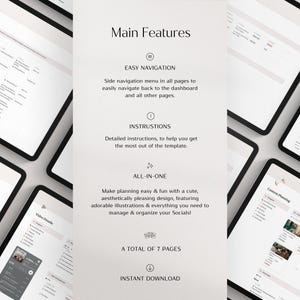 May include: A digital planner template for social media content planning. The template features a side navigation menu, detailed instructions, and a total of 7 pages. The template is designed to help users manage and organize their social media content.