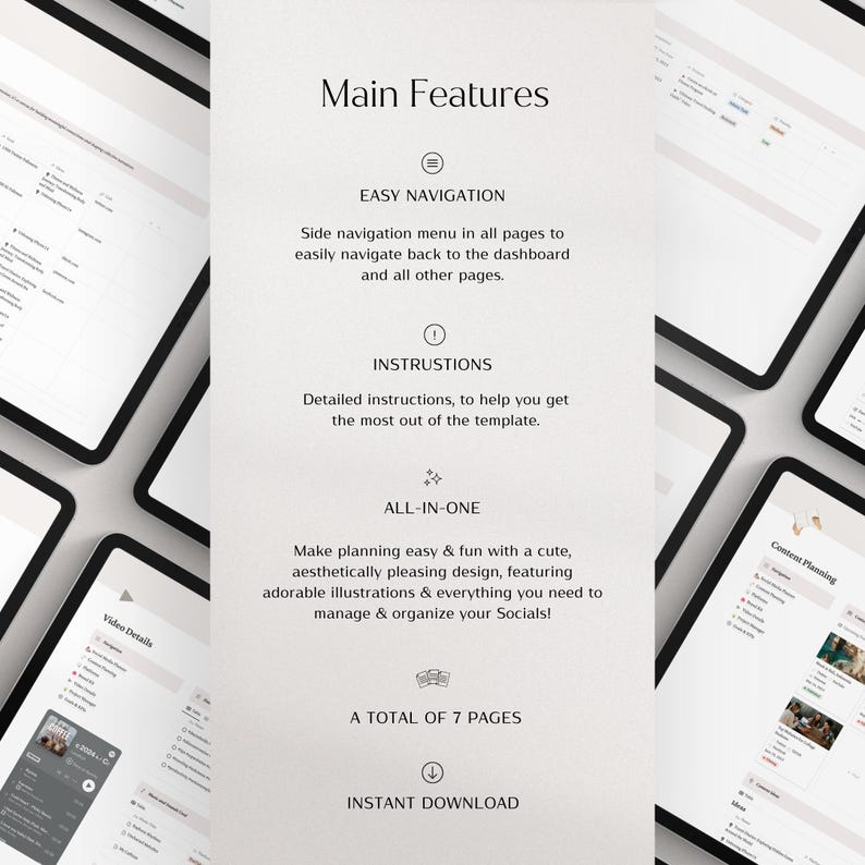 May include: A digital planner template for social media content planning. The template features a side navigation menu, detailed instructions, and a total of 7 pages. The template is designed to help users manage and organize their social media content.