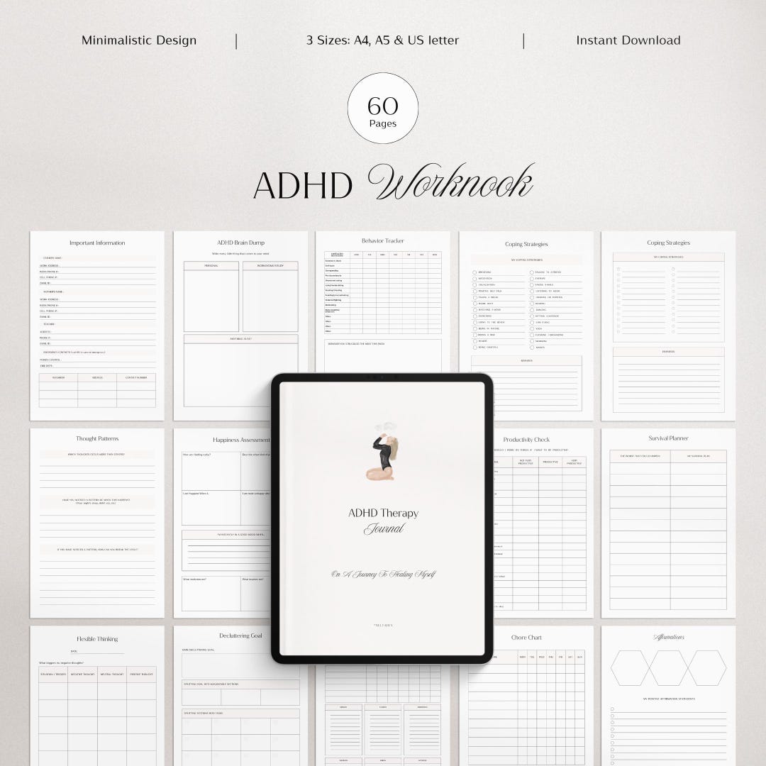 ADHD Therapy Workbook Worksheets | Mental Health | Anxiety Journal ...