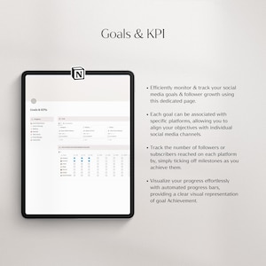 May include: A screenshot of a computer screen showing a software interface for tracking social media goals and key performance indicators (KPIs). The interface includes a navigation menu, a table with columns for different social media platforms, and a section for tracking follower growth. The text on the screen reads "Goals & KPIs".