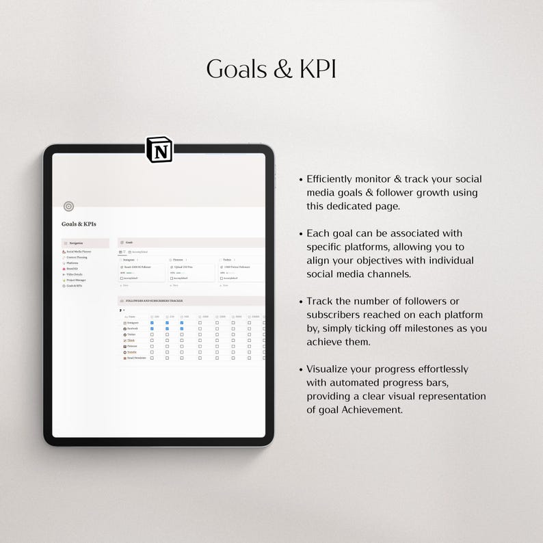 May include: A screenshot of a computer screen showing a software interface for tracking social media goals and key performance indicators (KPIs). The interface includes a navigation menu, a table with columns for different social media platforms, and a section for tracking follower growth. The text on the screen reads "Goals & KPIs".