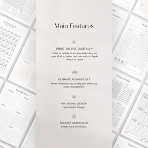 May include: A printable planner set with the text "Main Features", "Print or Use Digitally", "Ultimate Planner Set", "Ink Saving Design", "Instant Download", and "Letter, A4 & A5 formats".