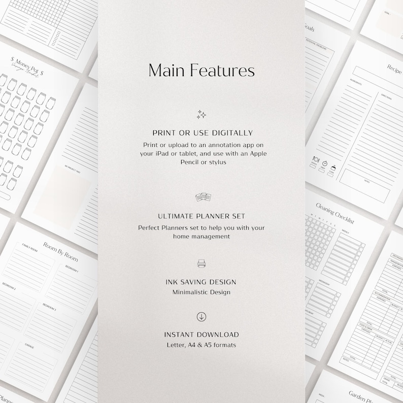 May include: A printable planner set with the text "Main Features", "Print or Use Digitally", "Ultimate Planner Set", "Ink Saving Design", "Instant Download", and "Letter, A4 & A5 formats".