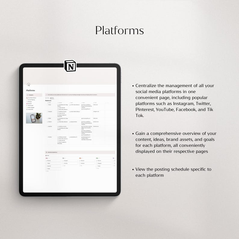 May include: A digital tablet screen displaying a social media management platform. The screen shows a table with columns for different social media platforms, including Instagram, Twitter, Pinterest, YouTube, Facebook, and TikTok. The text "Platforms" is at the top of the screen.