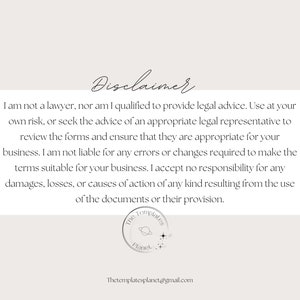 Peut inclure: Texte de d&eacute;charge de responsabilit&eacute; sur fond blanc avec un logo noir et blanc en bas. Le texte dit : "Je ne suis pas avocat, ni qualifi&eacute; pour fournir des conseils juridiques. Utilisez &agrave; vos risques et p&eacute;rils, ou demandez conseil &agrave; un repr&eacute;sentant l&eacute;gal appropri&eacute; pour examiner les formulaires et vous assurer qu'ils sont adapt&eacute;s &agrave; votre entreprise. Je ne suis pas responsable des erreurs ou des modifications n&eacute;cessaires pour rendre les termes adapt&eacute;s &agrave; votre entreprise. J'accepte aucune responsabilit&eacute; pour les dommages, pertes ou causes d'action de quelque nature que ce soit r&eacute;sultant de l'utilisation des documents ou de leur fourniture."