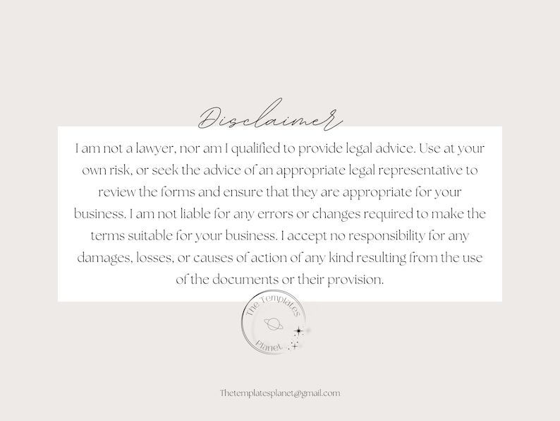 Peut inclure: Texte de d&eacute;charge de responsabilit&eacute; sur fond blanc avec un logo noir et blanc en bas. Le texte dit : "Je ne suis pas avocat, ni qualifi&eacute; pour fournir des conseils juridiques. Utilisez &agrave; vos risques et p&eacute;rils, ou demandez conseil &agrave; un repr&eacute;sentant l&eacute;gal appropri&eacute; pour examiner les formulaires et vous assurer qu'ils sont adapt&eacute;s &agrave; votre entreprise. Je ne suis pas responsable des erreurs ou des modifications n&eacute;cessaires pour rendre les termes adapt&eacute;s &agrave; votre entreprise. J'accepte aucune responsabilit&eacute; pour les dommages, pertes ou causes d'action de quelque nature que ce soit r&eacute;sultant de l'utilisation des documents ou de leur fourniture."