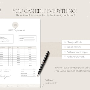 May include: A beige and white client invoice template with a minimalist design. The template includes sections for billing information, product services, quantity, price, amount, subtotal, discount, tax, and total amount. The template also includes a thank you message and a space for business information.