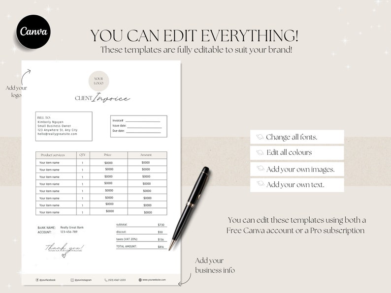 May include: A beige and white client invoice template with a minimalist design. The template includes sections for billing information, product services, quantity, price, amount, subtotal, discount, tax, and total amount. The template also includes a thank you message and a space for business information.