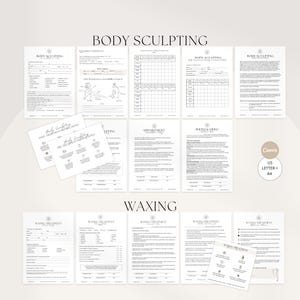 May include: A collection of printable forms for body sculpting and waxing treatments. The forms include sections for client information, treatment details, and post-treatment instructions. The text "BODY SCULPTING" and "WAXING" are visible. The forms are designed for US Letter and A4 paper sizes.