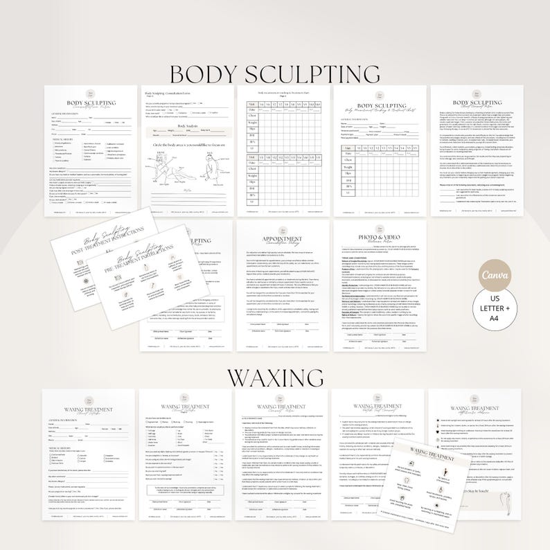 May include: A collection of printable forms for body sculpting and waxing treatments. The forms include sections for client information, treatment details, and post-treatment instructions. The text "BODY SCULPTING" and "WAXING" are visible. The forms are designed for US Letter and A4 paper sizes.